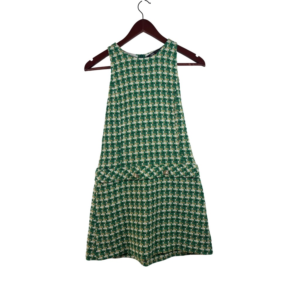 Zara Dress Medium Green White Tweed Plaid Sleeveless Mini A-Line Houndstooth